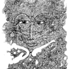A drawing of a woman made up of many eyes