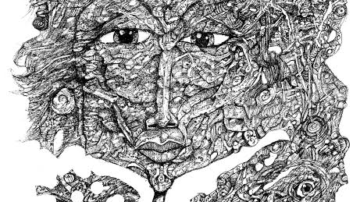 A drawing of a woman made up of many eyes