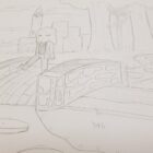 drawing of girl walking over a bridge