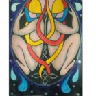 colourful painting of back to back figures in fetal position