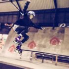 A roller skater flying through the air
