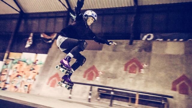 A roller skater flying through the air