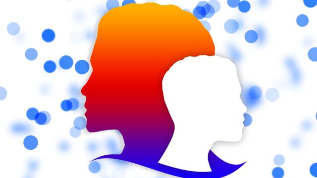 two faces with abstract background