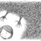 Shadow hands reaching down from a cloud to a female figure