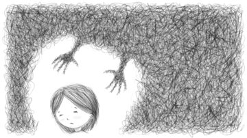 Shadow hands reaching down from a cloud to a female figure
