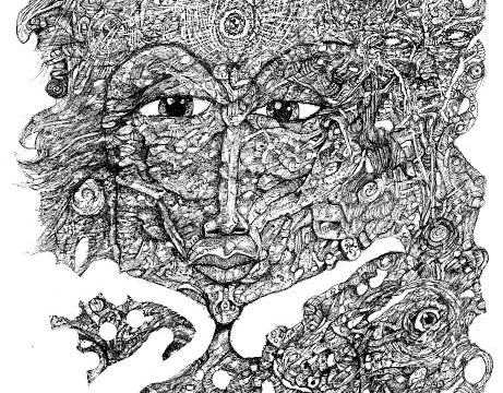 A drawing of a woman made up of many eyes