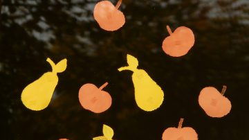 poem: photo of cut out paper apples and pears