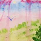 purple: beautiful watercolour of a bird flying high in a purpley sky over trees and fields
