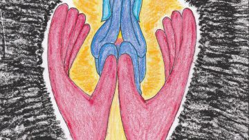 drawing of hands embracing a downcast figure
