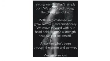 Alysia Helming quote: Strong women aren’t simply born. We are forged through the challenges of life. With each challenge we grow mentally and emotionally. We move forward with our head held high and a strength that cannot be denied. A woman who’s been through the storm and survived. We are warriors.